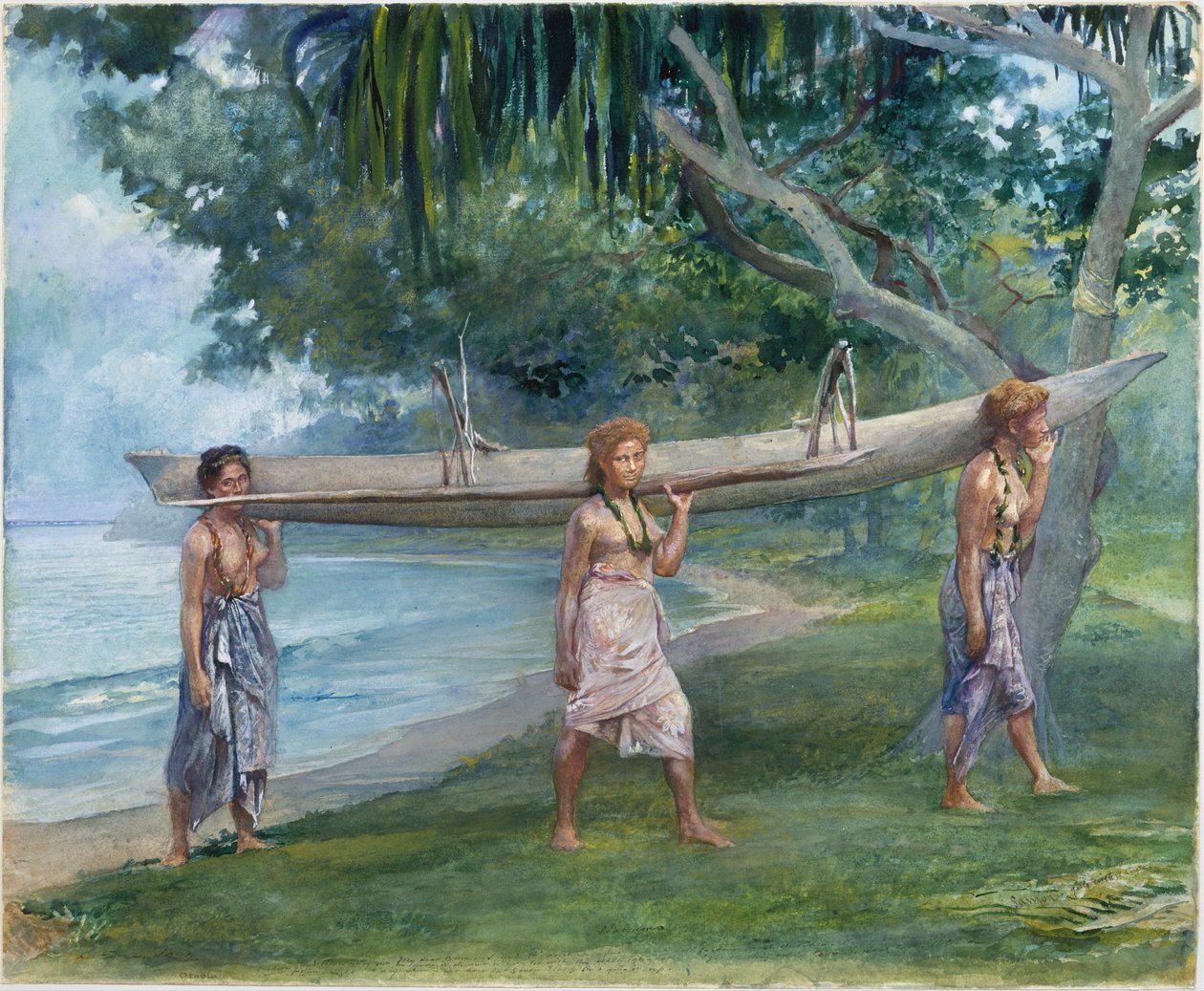 Raparigas a transportar uma canoa, Vaiala em Samoa de John La Farge or Lafarge