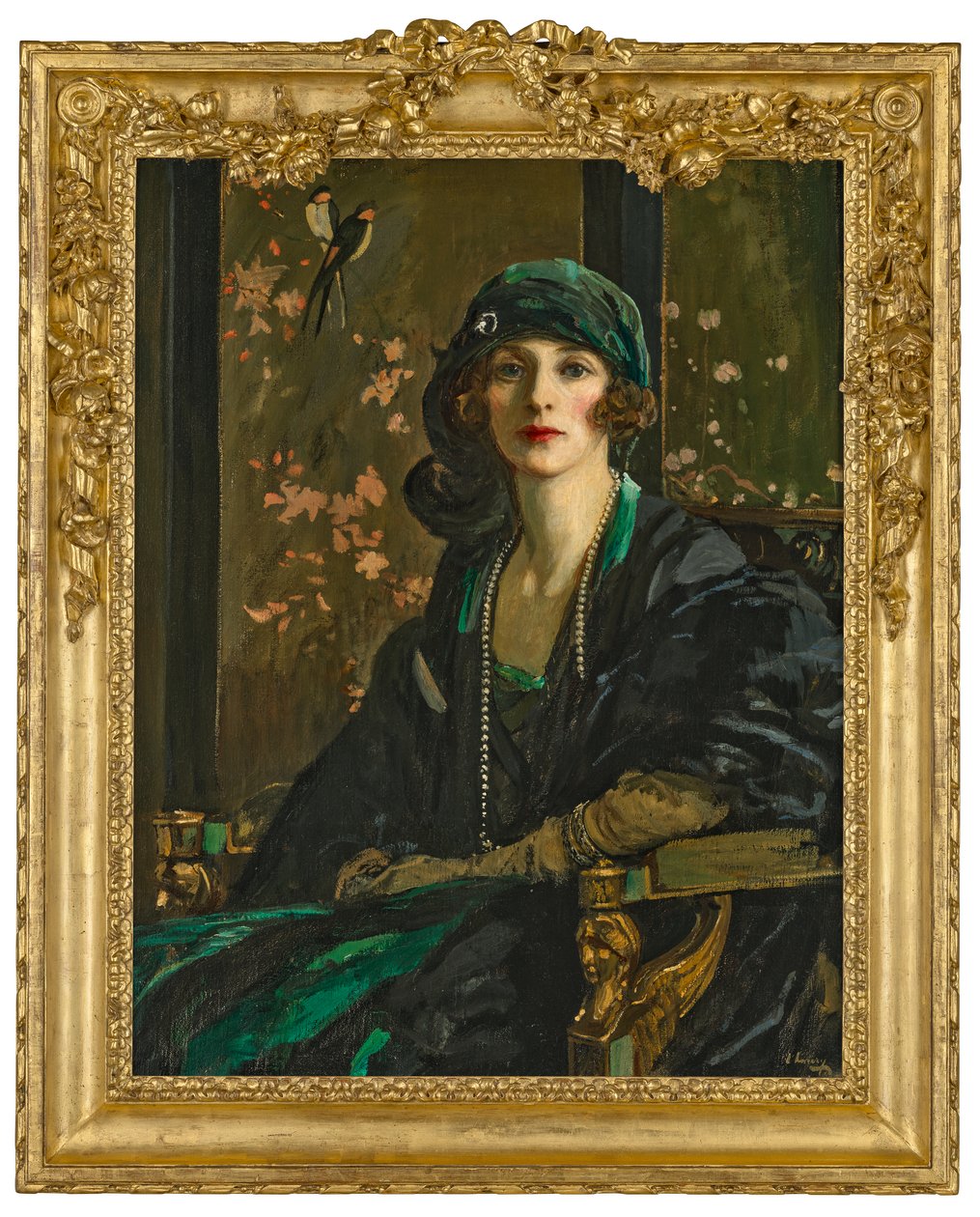 Uma senhora de preto e verde: Sra. Freda Dudley Ward de John Lavery