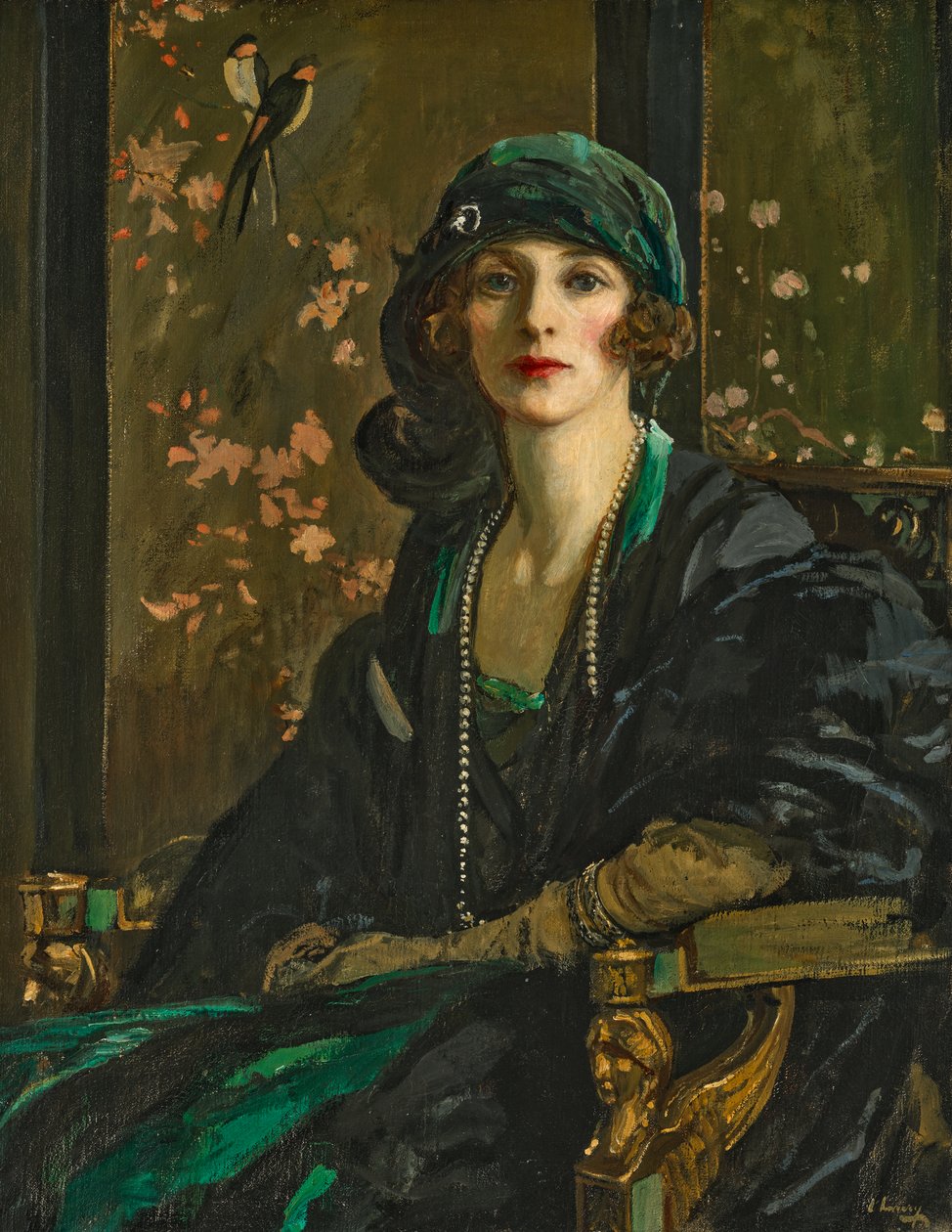 Uma senhora de preto e verde: Sra. Freda Dudley Ward de John Lavery