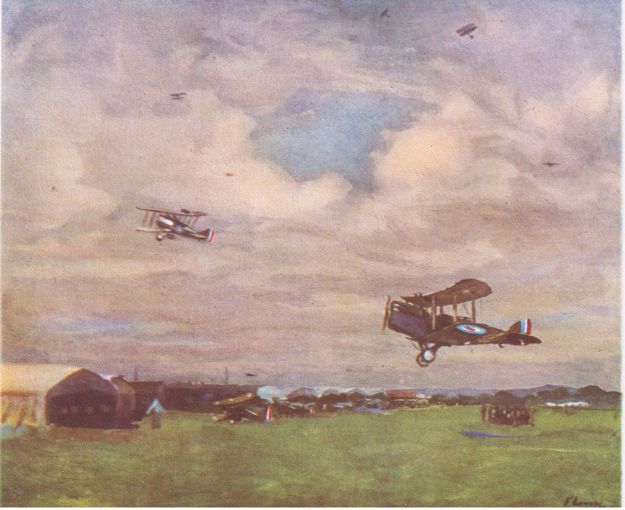 Um aeródromo em 1918, da British Adventure, publicado por Collins, 1947 de John Lavery