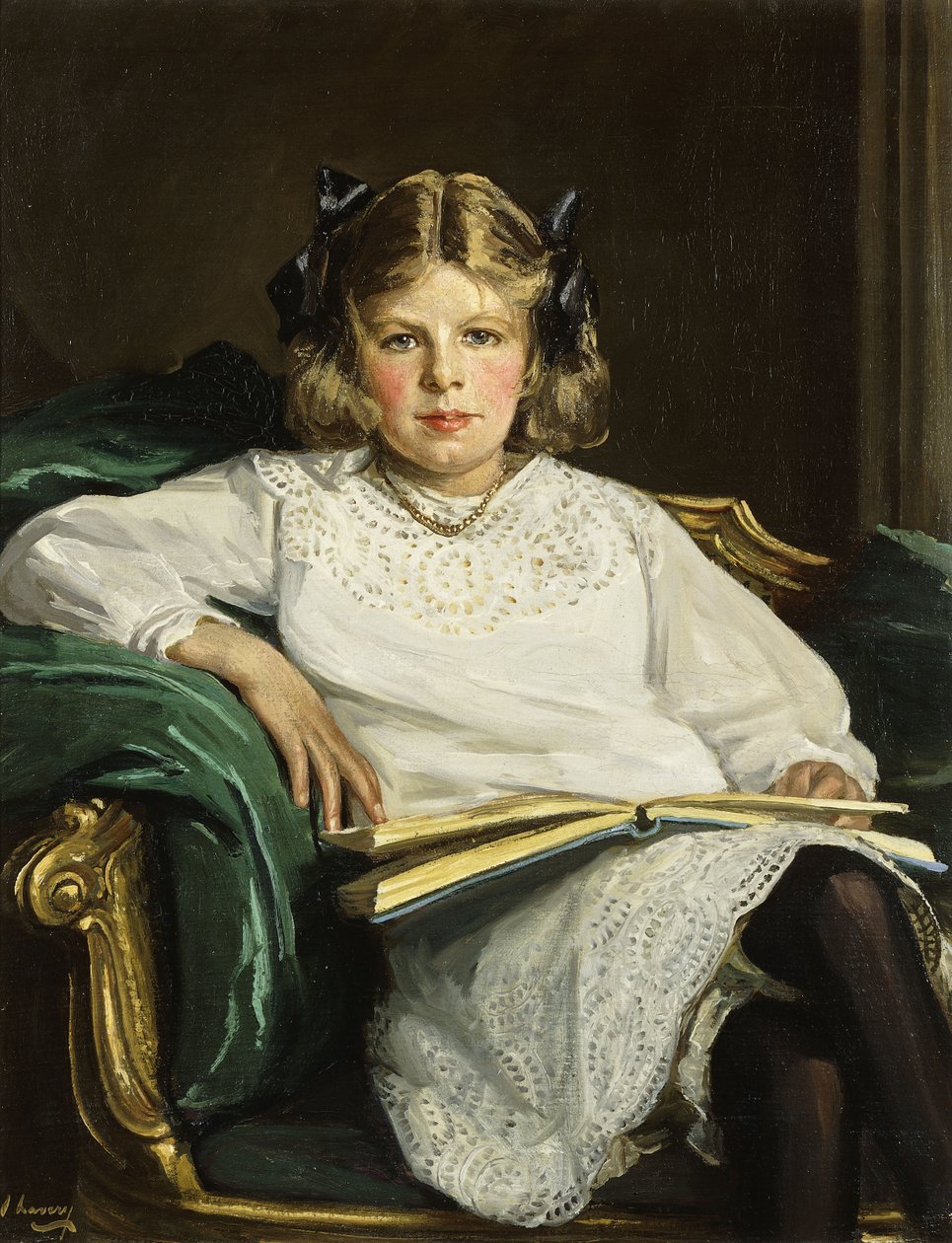 Retrato de Betty, três quartos de comprimento, sentada, lendo um livro de John Lavery