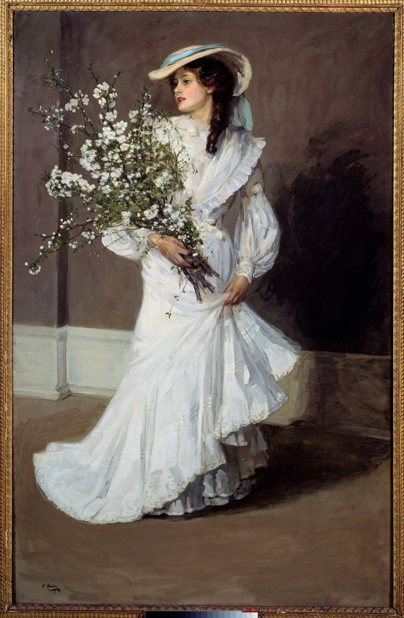 Primavera. Alegoria da Primavera: retrato de uma mulher vestida de branco com um buquê de flores. Pintura de Sir John Lavery (1856-1941) de John Lavery