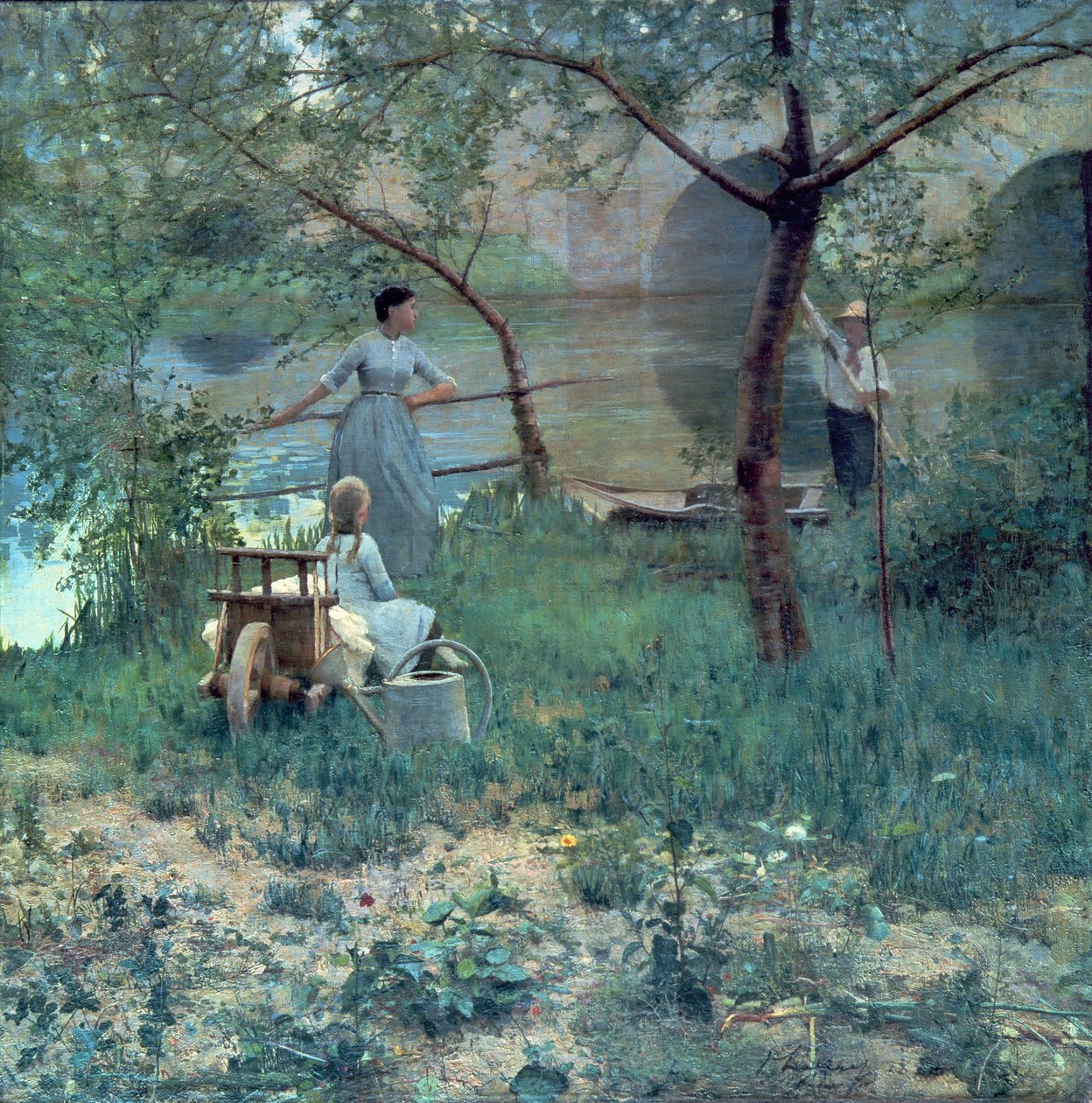 Sob a árvore de cereja, a ponte em Grez, 1884 de John Lavery