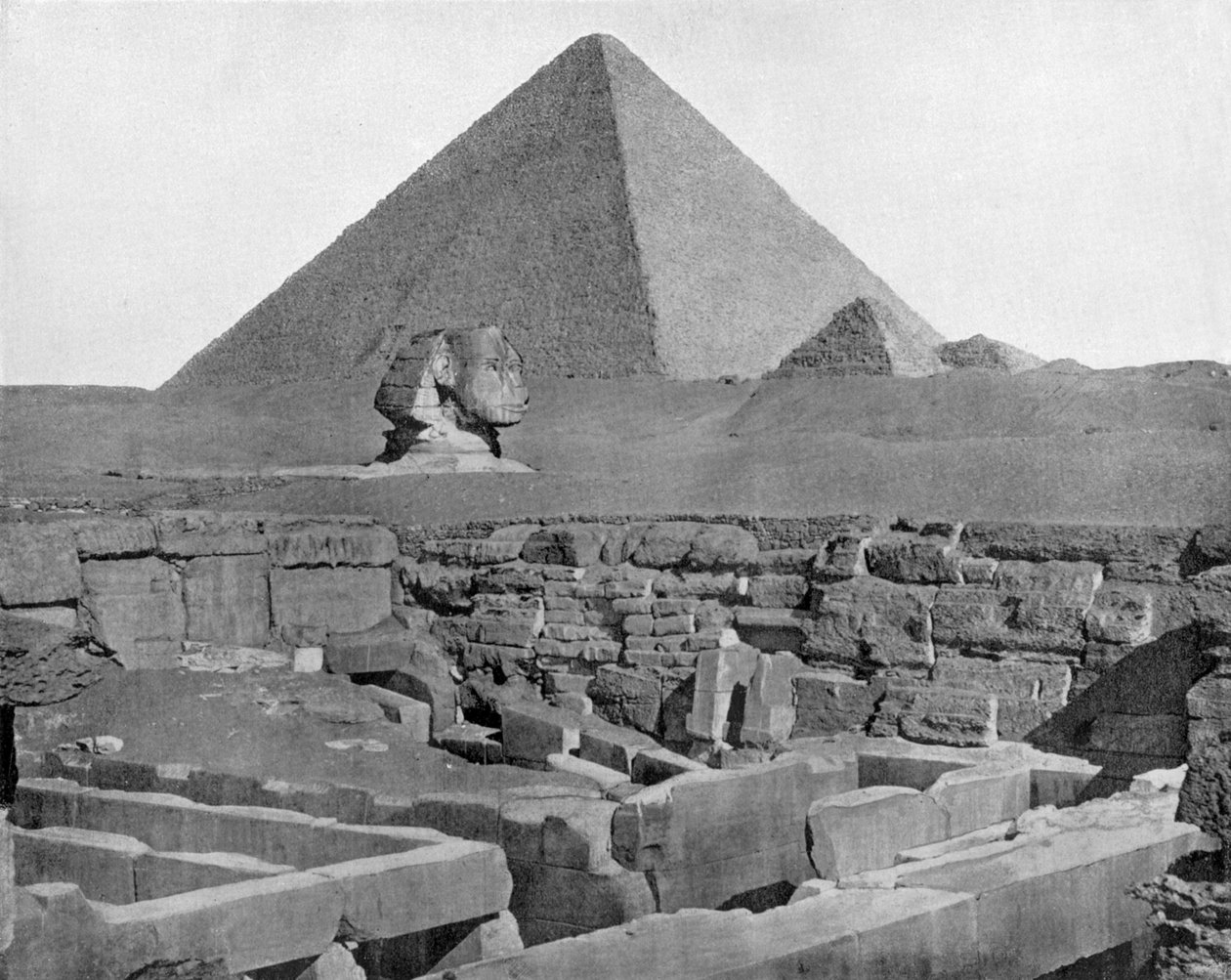 Pirâmides de Gizeh e esfinge no Egito (foto a p/b) de John Lawson Stoddard
