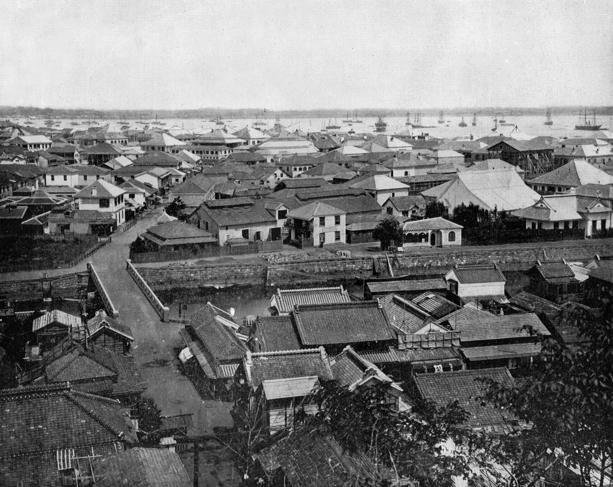 Vista de Yokohama no Japão (foto a p/b) de John Lawson Stoddard