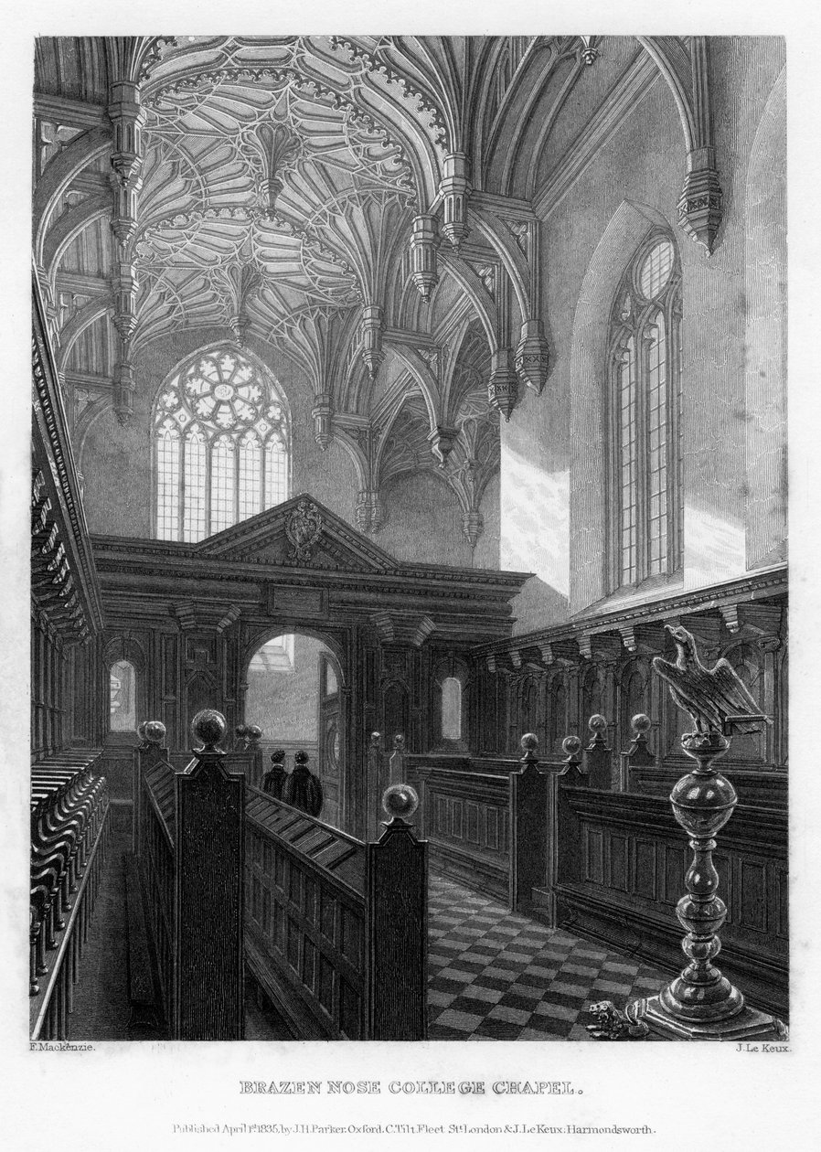 Capela do Brasenose do nariz de bronze, Universidade de Oxford, 1835. de John Le Keux
