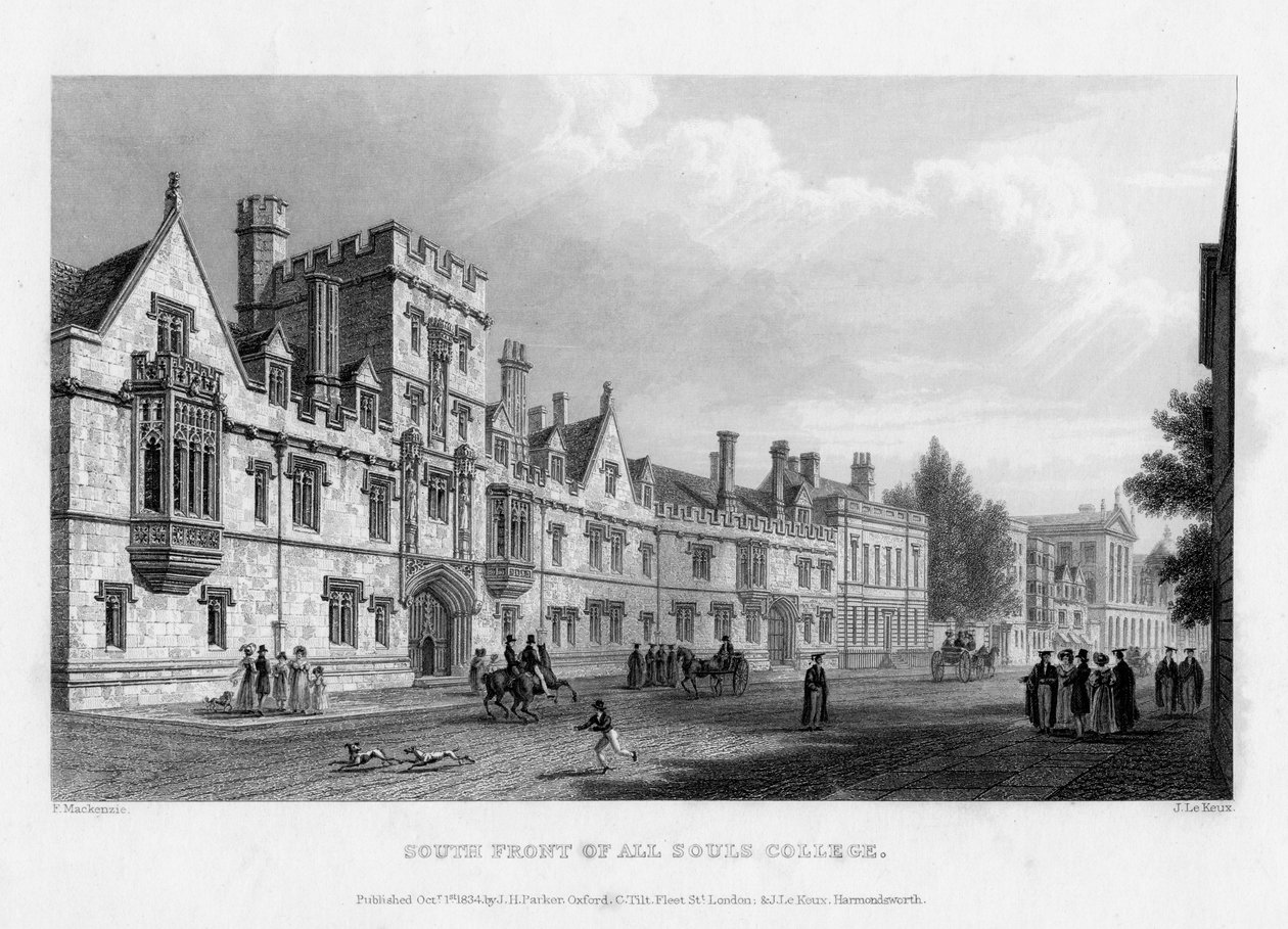 Frente sul do All Souls College, Universidade de Oxford, 1834. de John Le Keux