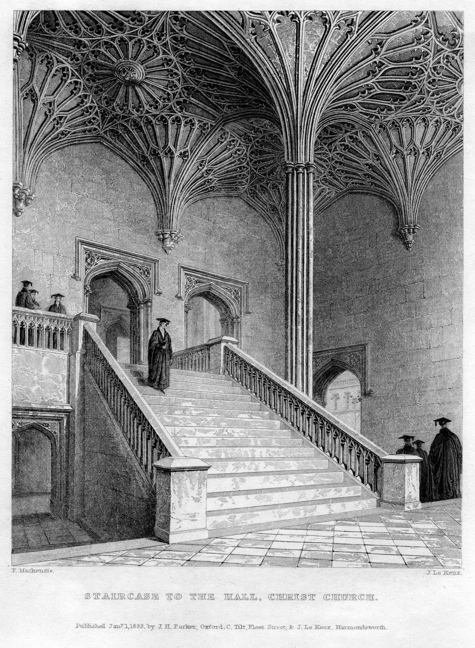 Escadaria para o Hall, Christ Church, Universidade de Oxford, 1833. de John Le Keux