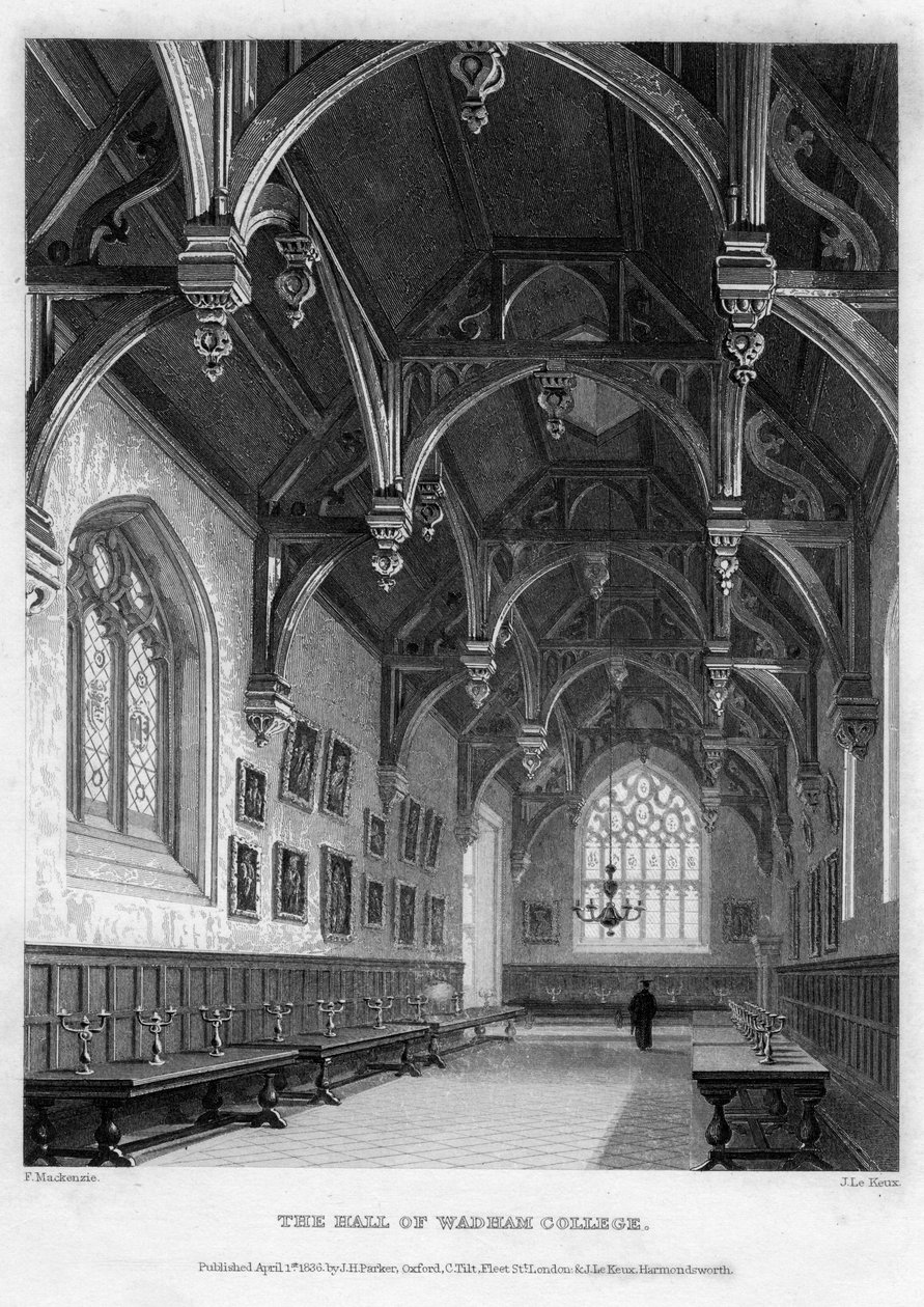 O Salão do Wadham College, Universidade de Oxford, 1836. de John Le Keux