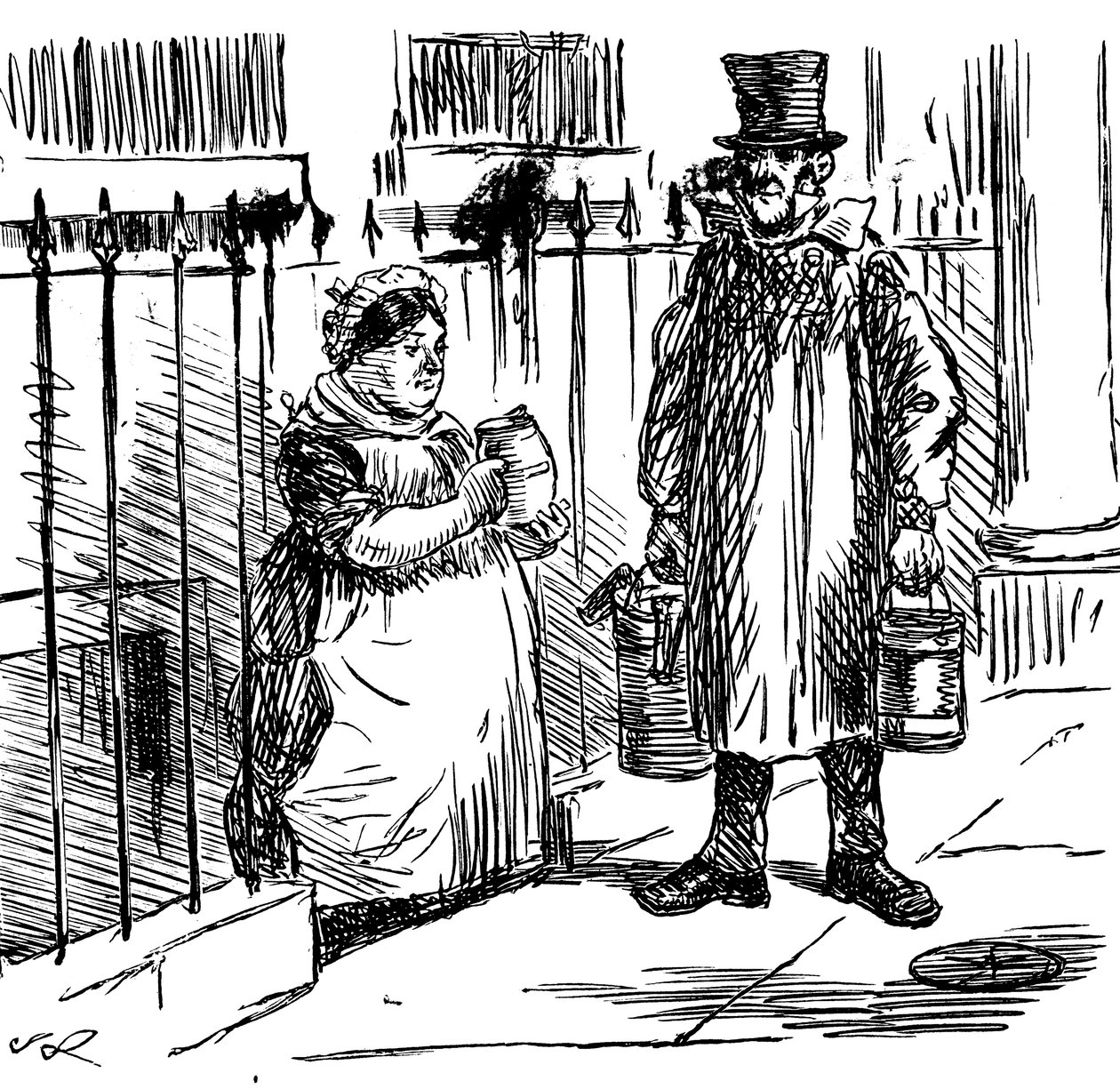 Uma caricatura que comenta a diluição do leite, que atingiu proporções tais que foi necessário adotar legislação para a controlar. Ilustrada por John Leech (1817-1864), um caricaturista e ilustrador inglês de John Leech