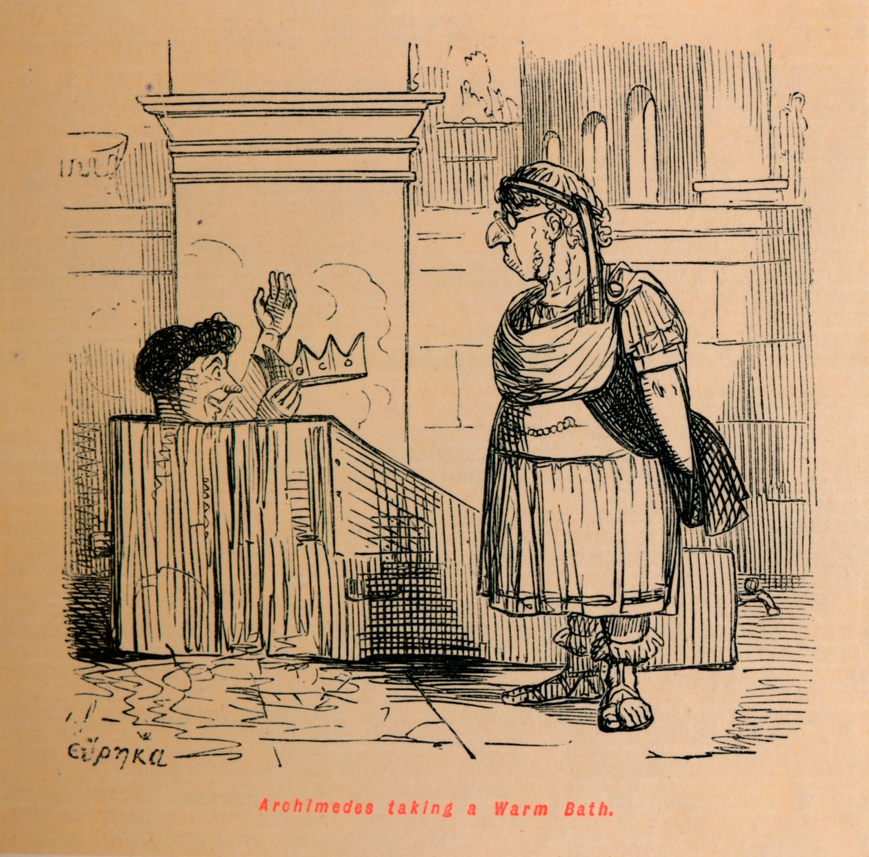 Arquimedes tomando banho quente, 1852 de John Leech