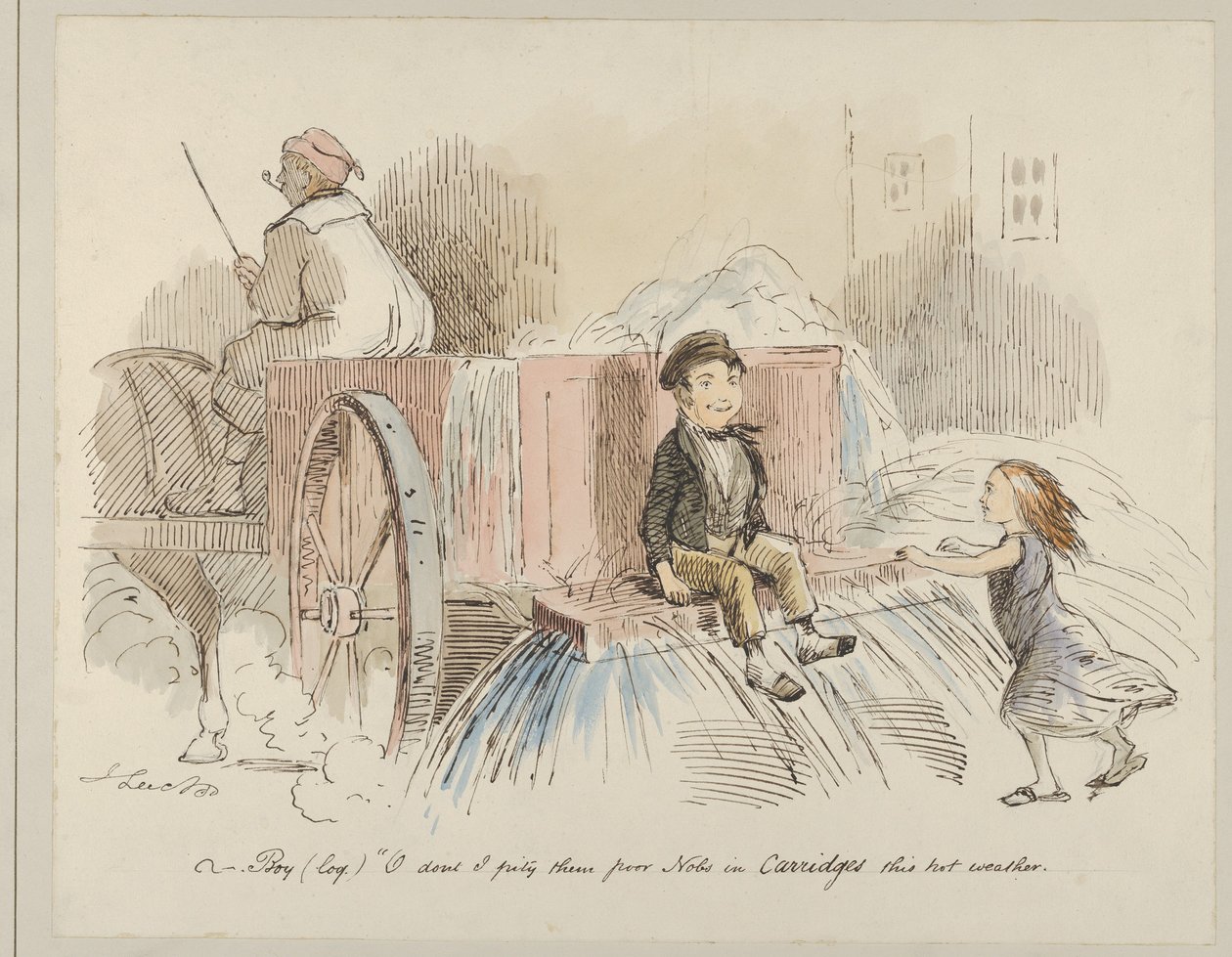 Rapaz (coloquial): Oh, como tenho pena daqueles pobres nobres em carruagens com este calor de John Leech
