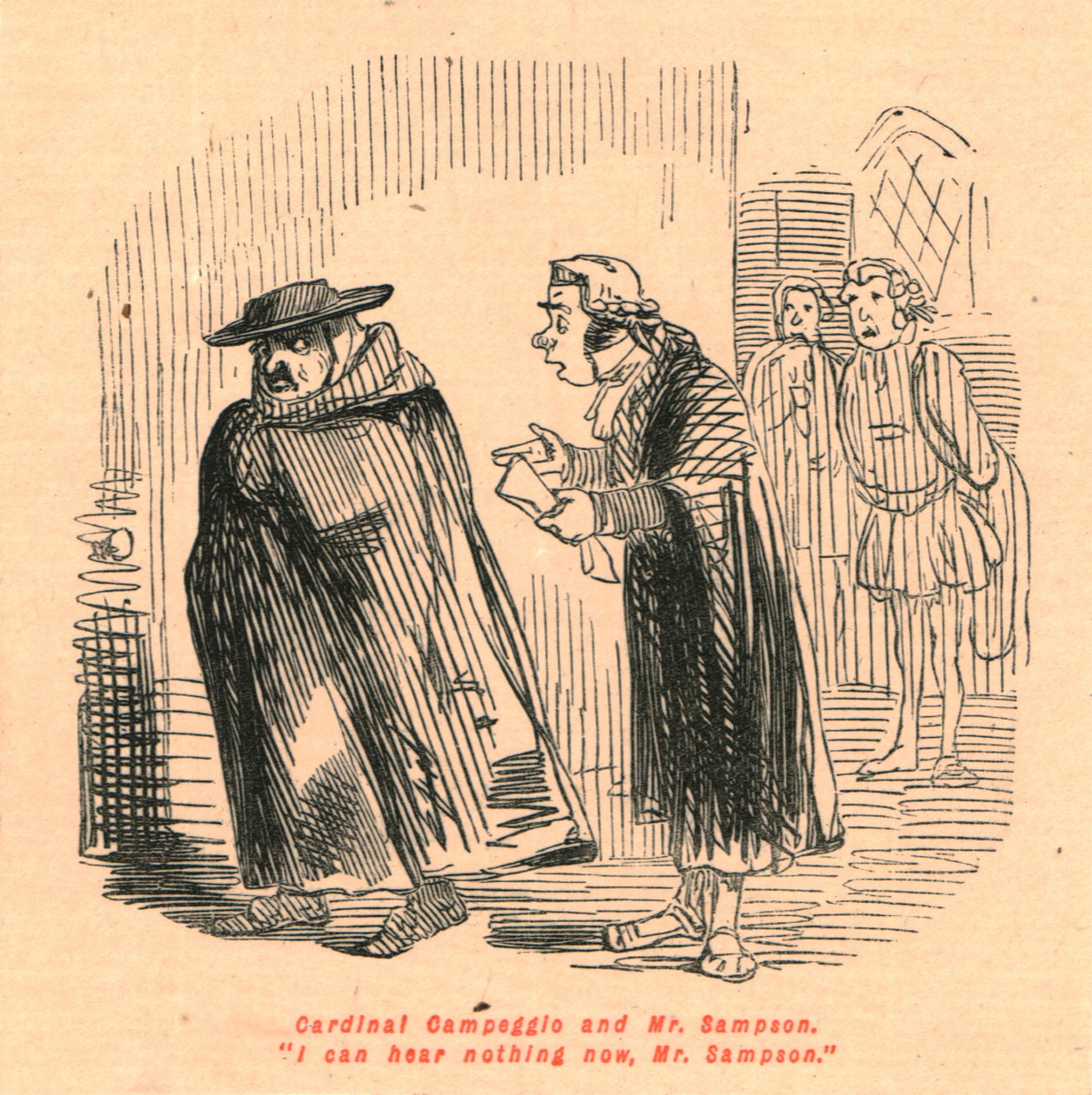 Cardeal Campeggio e Sr. Sampson. Não posso ouvir nada agora, Sr. Sampson., 1897. de John Leech
