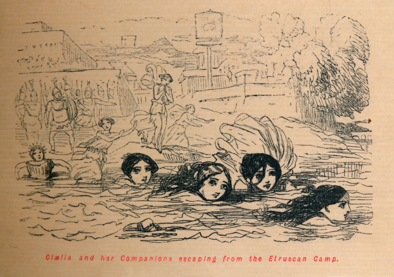 Cloelia e seus companheiros escapando do acampamento etrusco, 1852 de John Leech