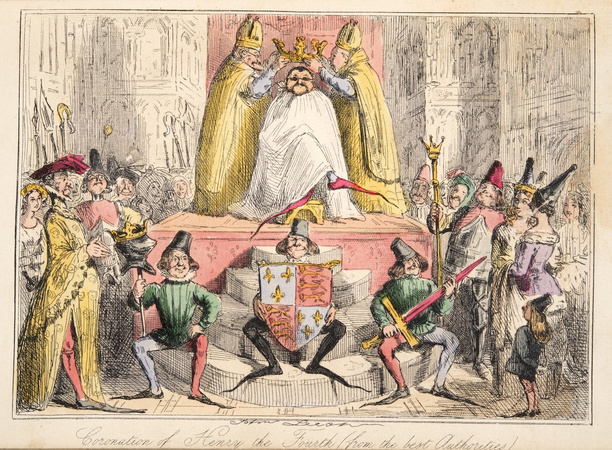 Coroação de Henrique IV. (das melhores autoridades), de The Comic History of England, pub. 1864 (gravura colorida à mão) de John Leech