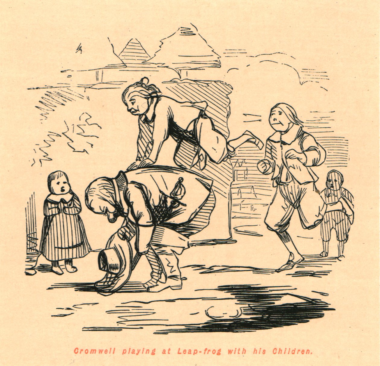Cromwell brincando no Leap-frog com seus filhos, 1897. de John Leech