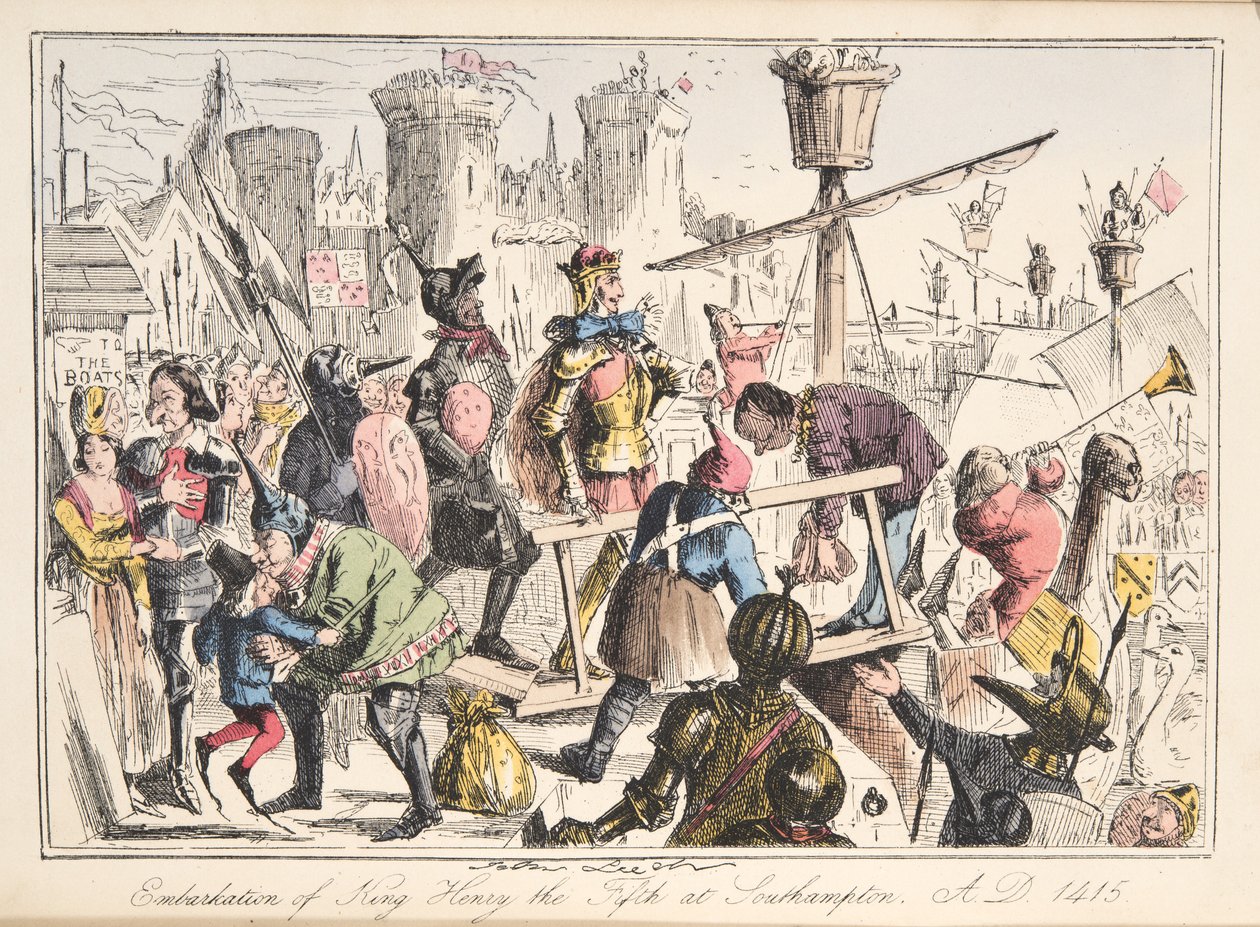 Embarque de Henry V. em Southampton, AD 1415, da The Comic History of England, pub. 1864 (gravura colorida à mão) de John Leech