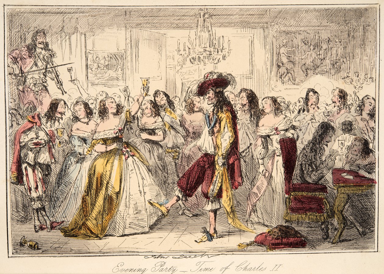 Partido da noite - época de Charles o segundo, da história cómica de Inglaterra, bar. 1864 (gravura colorida à mão) de John Leech
