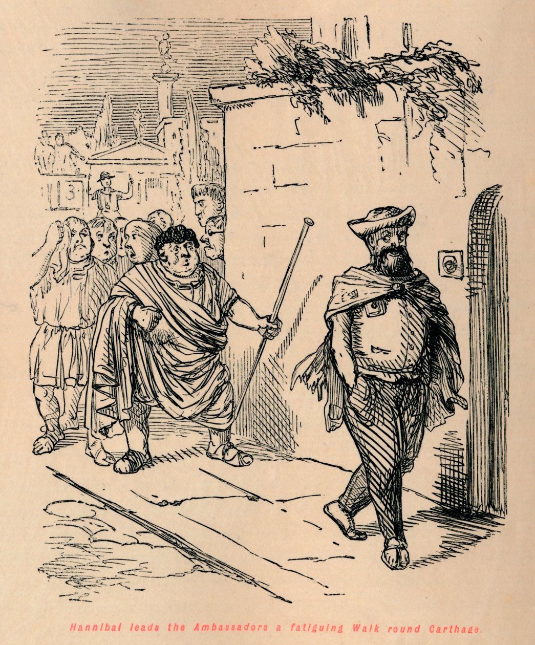 Aníbal lidera os embaixadores em uma caminhada fatigante por Cartago, 1852 de John Leech