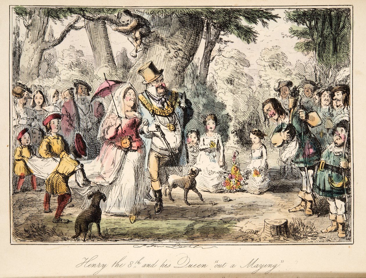 Henrique VIII e sua Rainha Out-a-Maying, de The Comic History of England, pub. 1864 (gravura colorida à mão) de John Leech