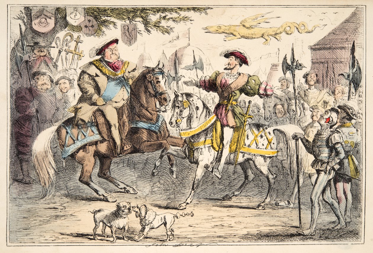 Encontro de Henry VIII Francis I, da história cómica de Inglaterra, bar. 1864 (gravura colorida à mão) de John Leech