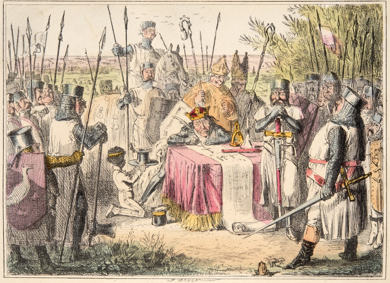 Rei John Assinatura Magna Carta, da história em quadrinhos da Inglaterra, pub. 1864 (gravura colorida à mão) de John Leech