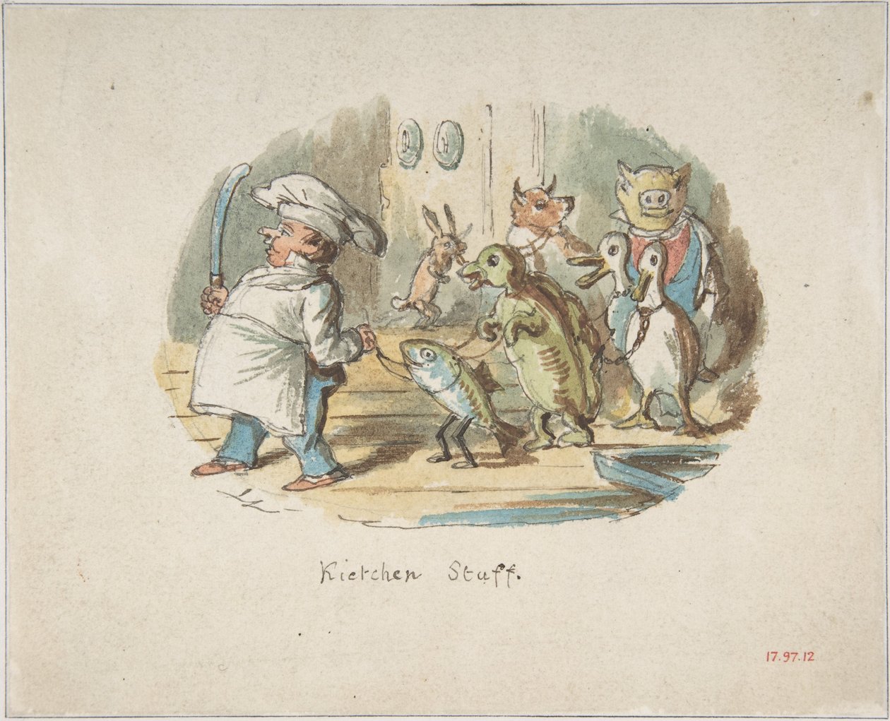 Pessoal de cozinha (anverso); Paisagem montanhosa com um caminhante (verso) de John Leech