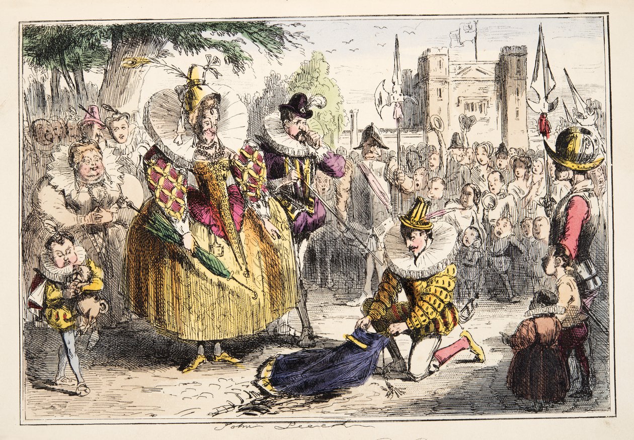 Rainha Elizabeth e Sir Walter Raleigh, da história cómica de Inglaterra, bar. 1864 (gravura colorida à mão) de John Leech