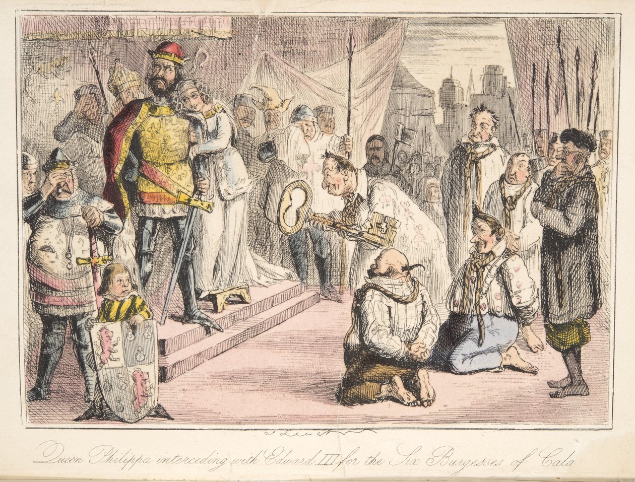 Rainha Philippa intercedendo com Edward III, pelas seis Burgesses de Calais, da História Comic da Inglaterra, pub. 1864 (gravura colorida à mão) de John Leech