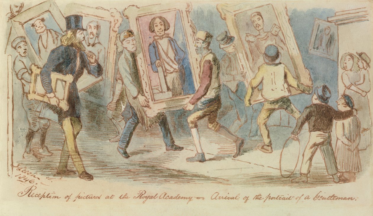 Recepção de fotos na Royal Academy - Chegada do Portrait of a Gentleman, 1846 (caneta e tinta e wc) de John Leech