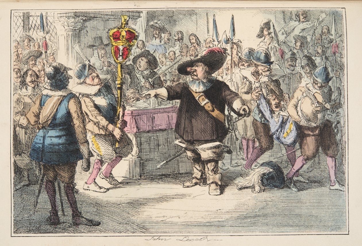 Tirar esse Bauble, Cromwell dissolver o Parlamento Longo, de The Comic History of England, pub. 1864 (gravura colorida à mão) de John Leech
