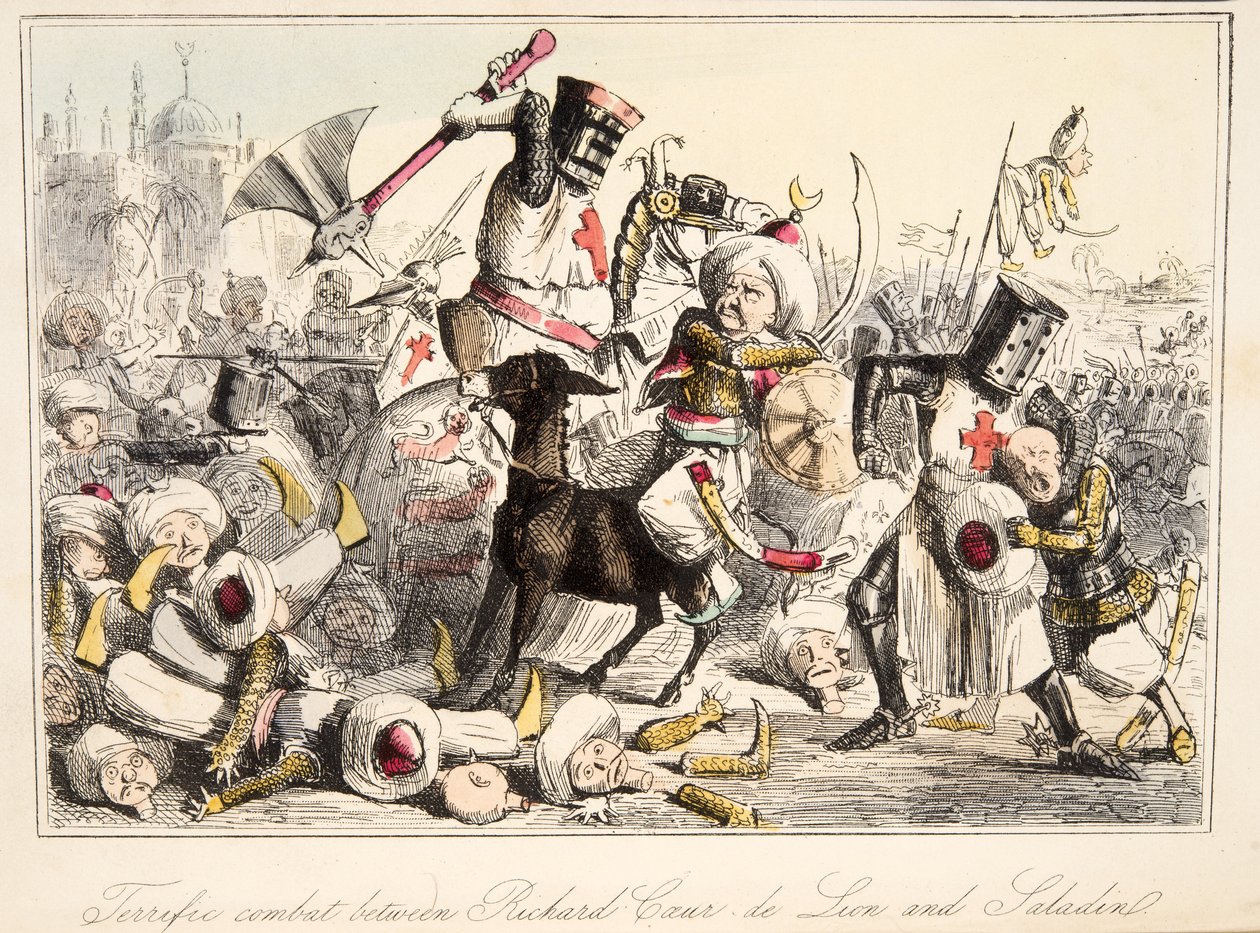 Combate fantástico entre Richard Coeur de Lion e Saladino da história cómica de Inglaterra, bar. 1864 (gravura colorida à mão) de John Leech