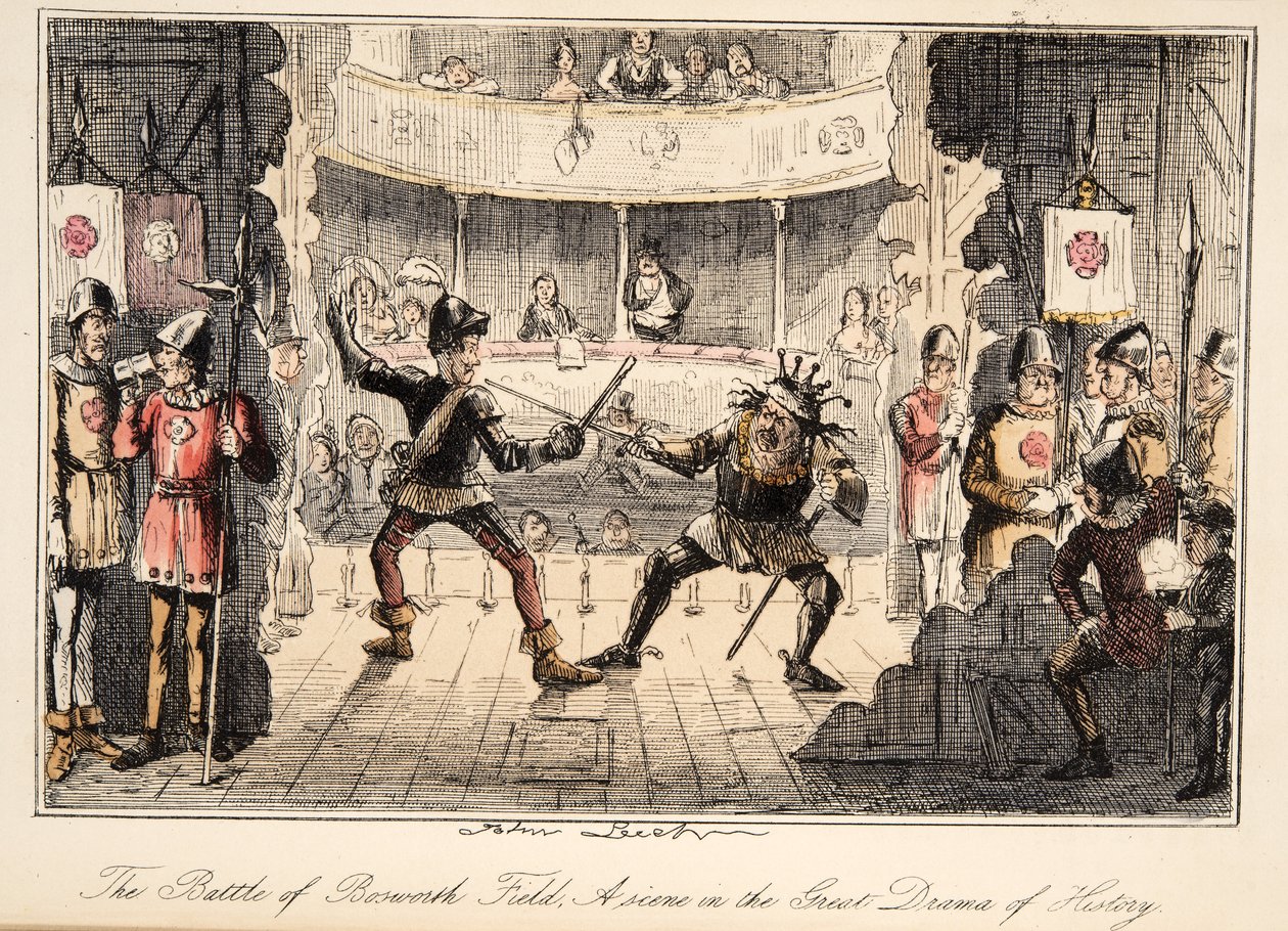 A batalha do campo de Bosworth: Uma cena do grande drama da história, da história cómica de Inglaterra, bar. 1864 (gravura colorida à mão) de John Leech