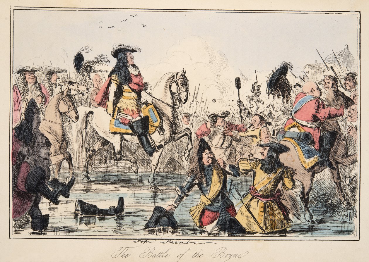 A Batalha do Boyne, da história cómica de Inglaterra, bar. 1864 (gravura colorida à mão) de John Leech