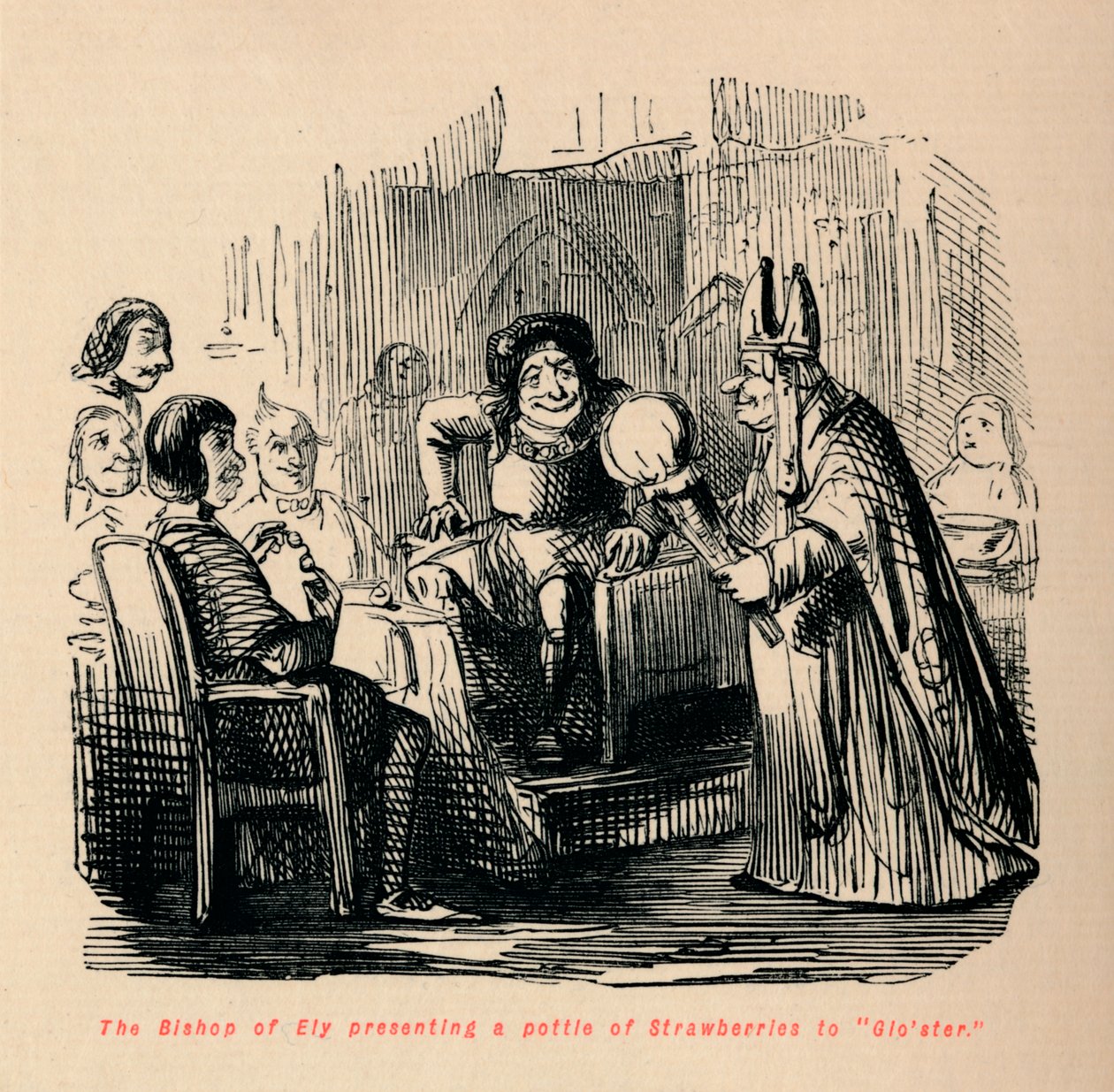 O bispo de Ely apresentando uma garrafa de morangos a Gloster., de John Leech