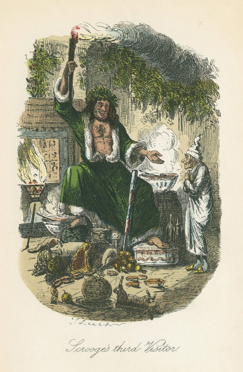 O Fantasma do Natal Presente aparece a Scrooge. Ilustração de John Leech (1817-64) para Charles Dickens A Christmas Carol, Londres 1843-1834. de John Leech