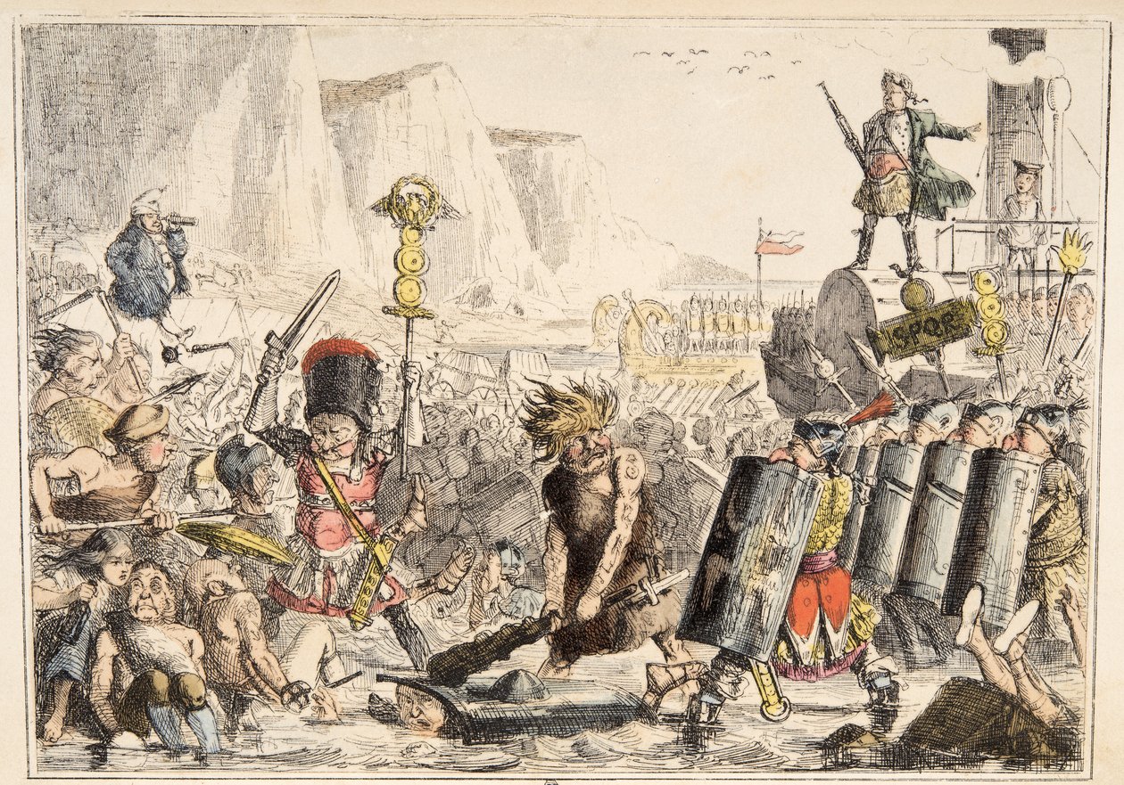 A aterrissagem de Julius Caesar da história cómica de Inglaterra, bar. 1864 (gravura colorida à mão) de John Leech