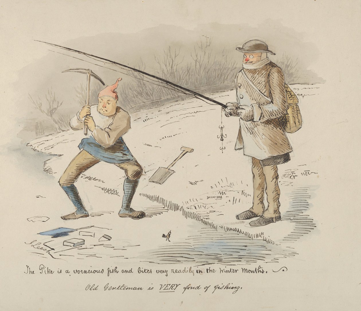 O Pike é um peixe voraz e morde facilmente nos meses de inverno - Velho Cavalheiro..., 1830-64. de John Leech