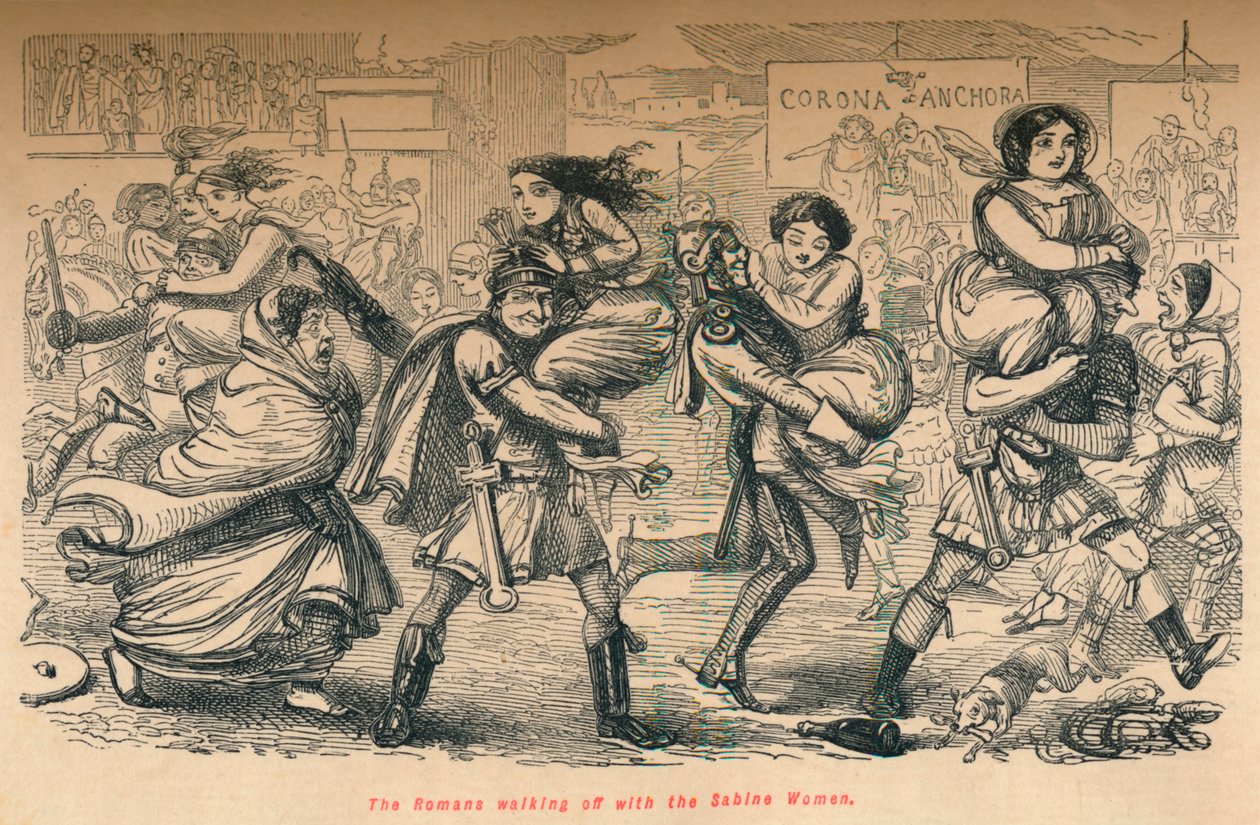 Os romanos saindo com as mulheres Sabine, 1852 de John Leech
