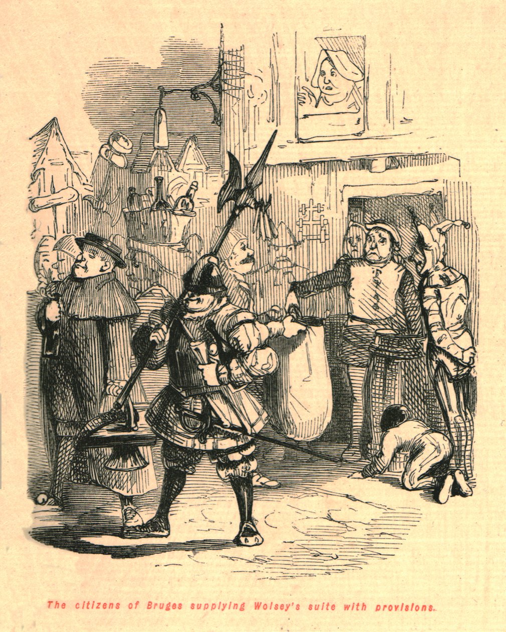 Os cidadãos de Bruges fornecem suprimentos à suíte Wolseys, 1897. de John Leech