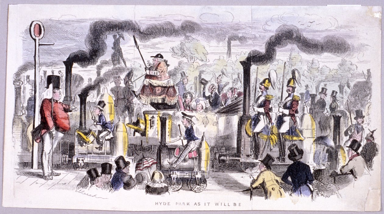 Vista do Hyde Park que satiriza o advento da locomotiva a vapor, Londres, c1850 de John Leech