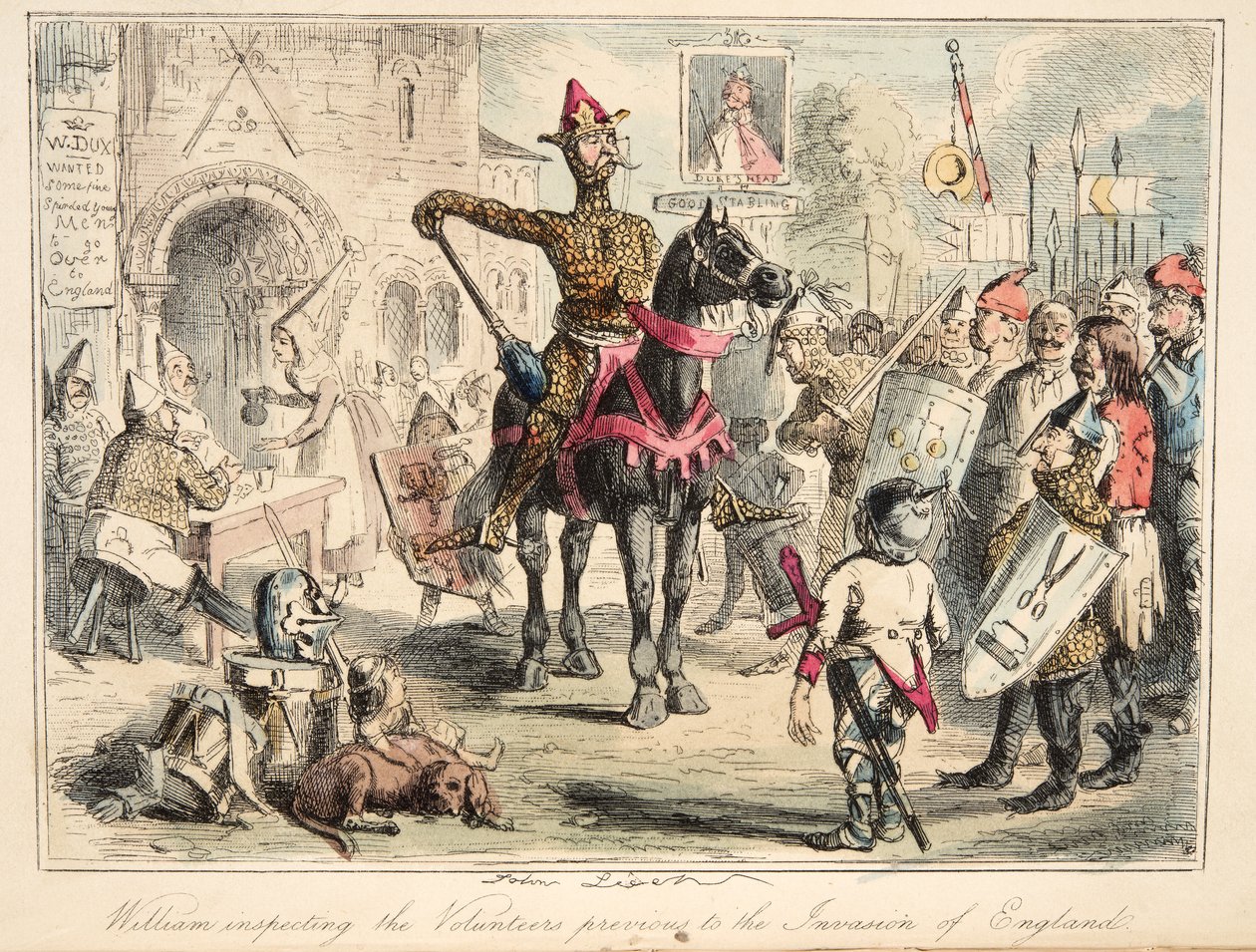 Guilherme, o Conquistador, inspecionando os Voluntários anteriores à Invasão da Inglaterra, da The Comic History of England, pub. 1864 (gravura colorida à mão) de John Leech