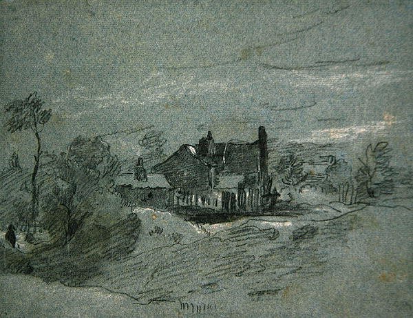 Uma casa de campo numa paisagem arborizada (giz branco e preto, em papel azul) de John Linnell