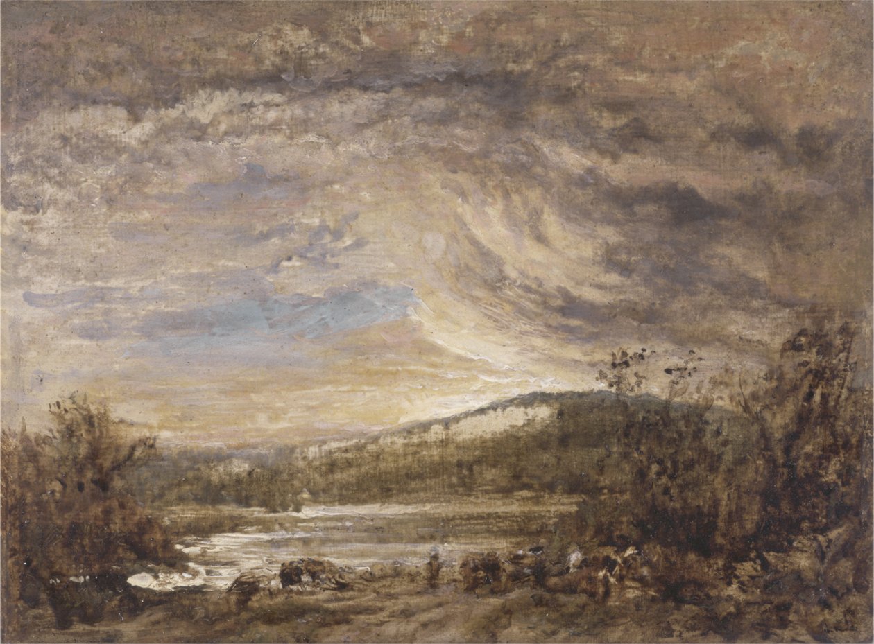 Paisagem de um rio, pôr do sol (óleo no painel) de John Linnell