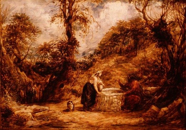 Cristo e a Mulher de Samaria no Poço de Jacob, c.1850-60 (óleo sobre painel) de John Linnell