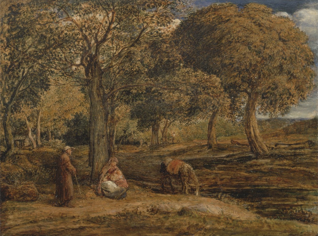 Paisagem com grupo familiar, possivelmente The Rest on the Flight into Egypt, c.1827 (óleo no painel) de John Linnell