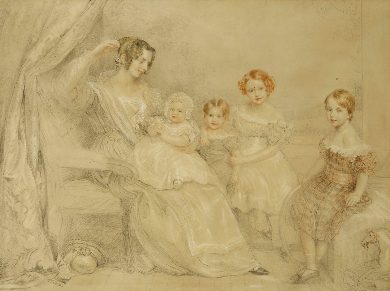 Retrato da Sra. WS Fry e seus quatro filhos: Emma, Willy, Julie e Georgina, sentados no interior, 1840 de John Linnell