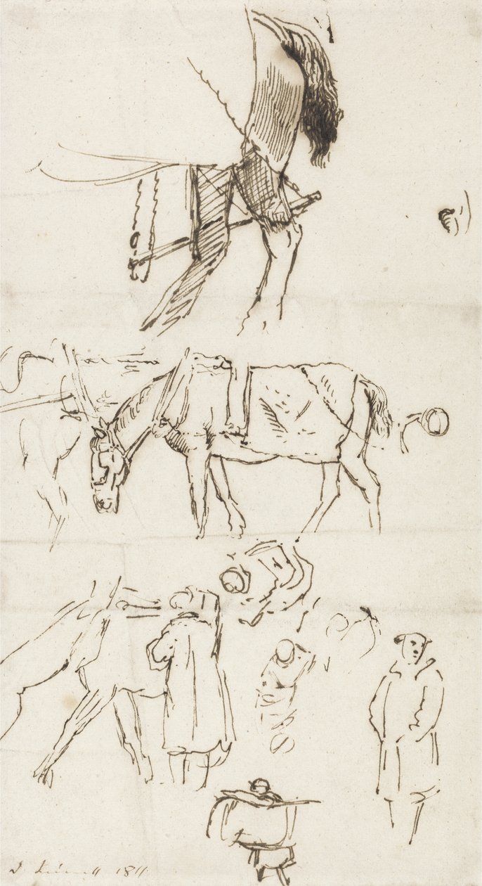 Estudos de cavalos, homens e carruagens, 1811 (caneta e tinta marrom sobre papel) de John Linnell