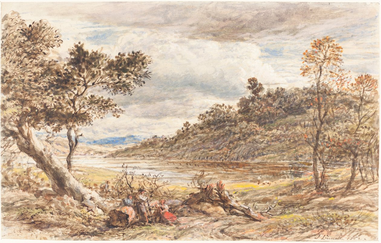 Viajantes descansando por uma árvore caída de John Linnell