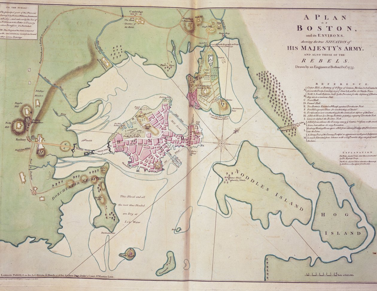 Plano de Boston e arredores mostrando a posição das forças britânicas e das forças rebeldes americanas, desenhado em Outubro de 1775, impresso no 